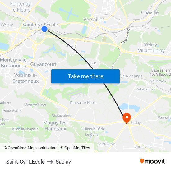 Saint-Cyr-L'Ecole to Saclay map