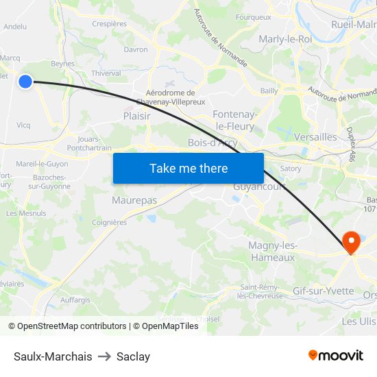 Saulx-Marchais to Saclay map