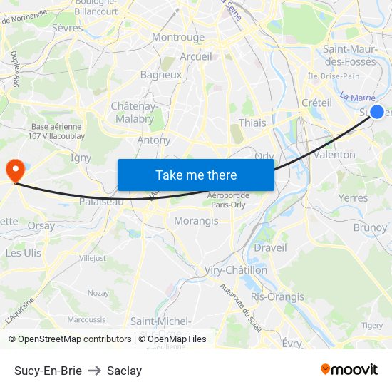 Sucy-En-Brie to Saclay map