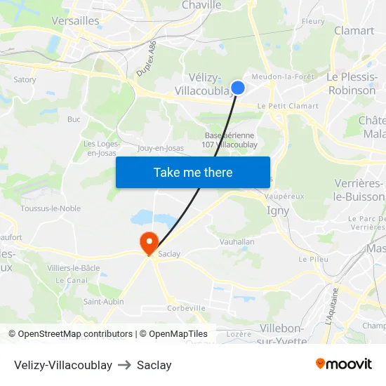 Velizy-Villacoublay to Saclay map