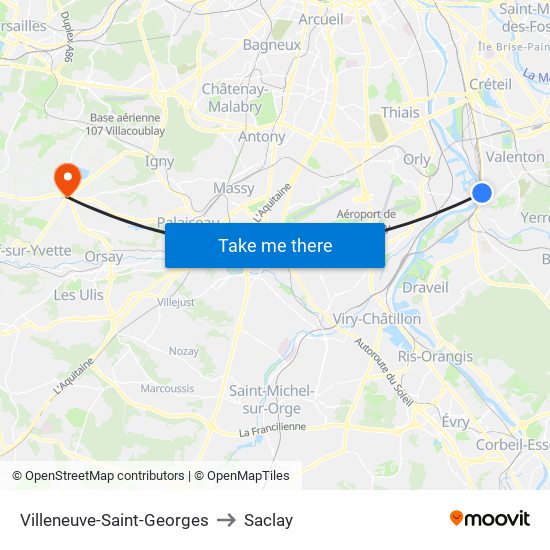 Villeneuve-Saint-Georges to Saclay map