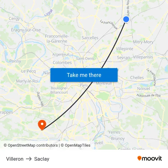 Villeron to Saclay map
