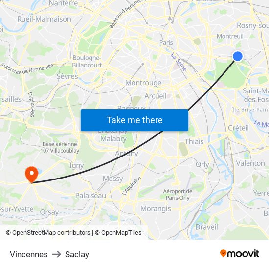 Vincennes to Saclay map