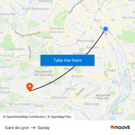 Gare de Lyon to Saclay map