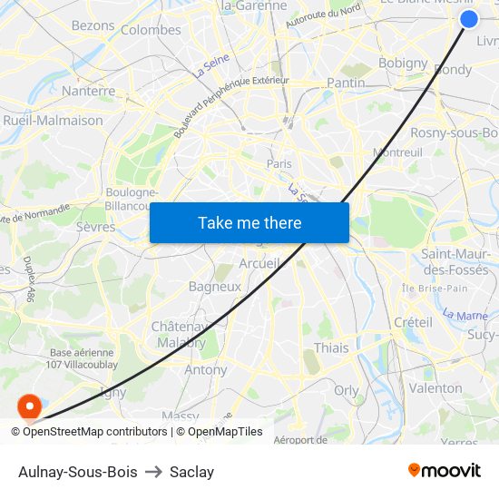 Aulnay-Sous-Bois to Saclay map