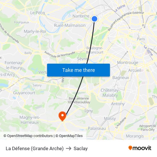 La Défense (Grande Arche) to Saclay map