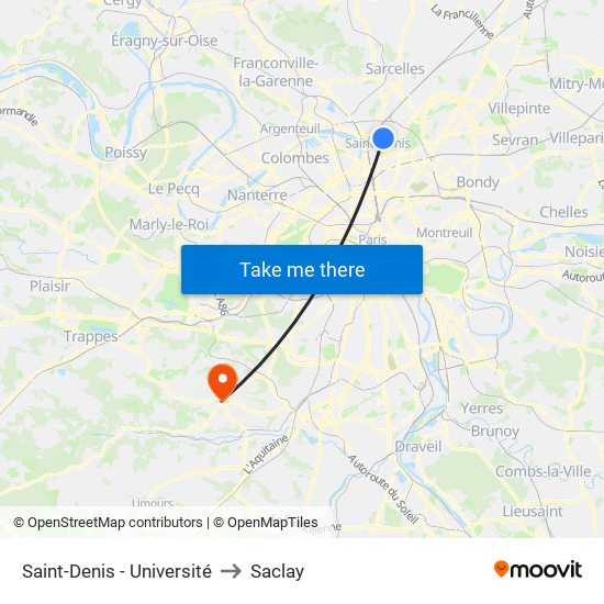 Saint-Denis - Université to Saclay map