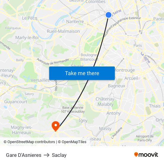 Gare D'Asnieres to Saclay map