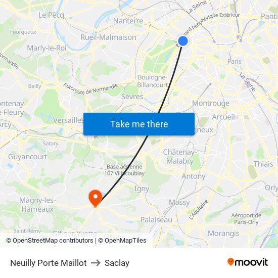 Neuilly Porte Maillot to Saclay map