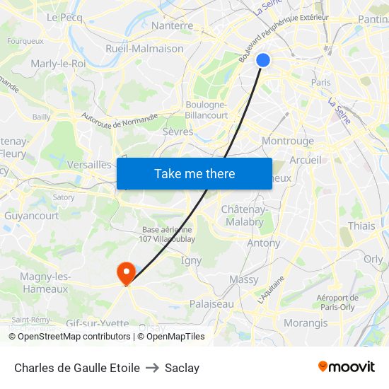 Charles de Gaulle Etoile to Saclay map