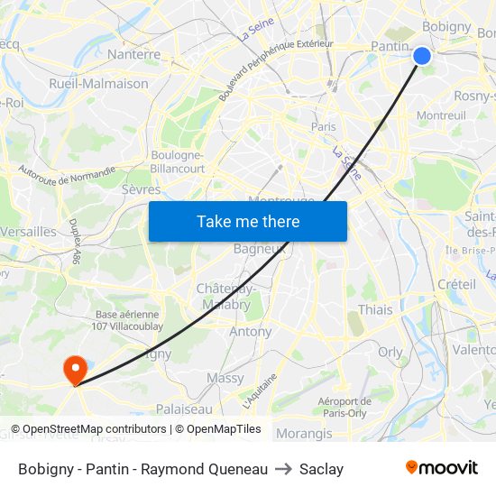 Bobigny - Pantin - Raymond Queneau to Saclay map