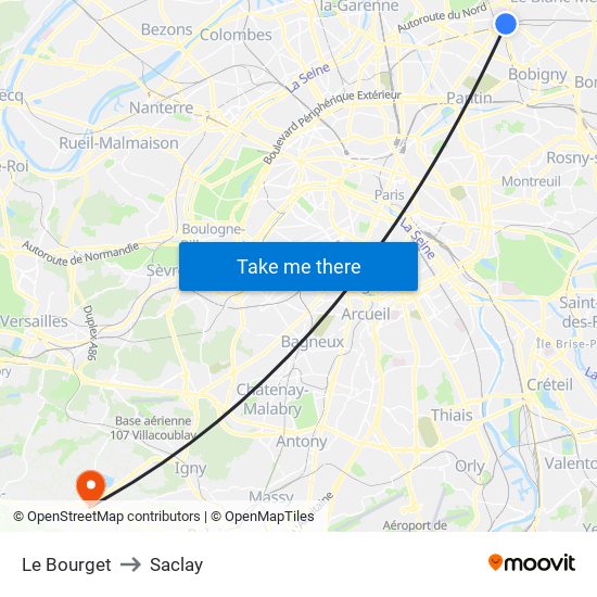 Le Bourget to Saclay map