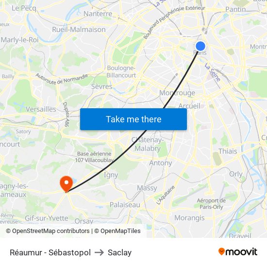 Réaumur - Sébastopol to Saclay map