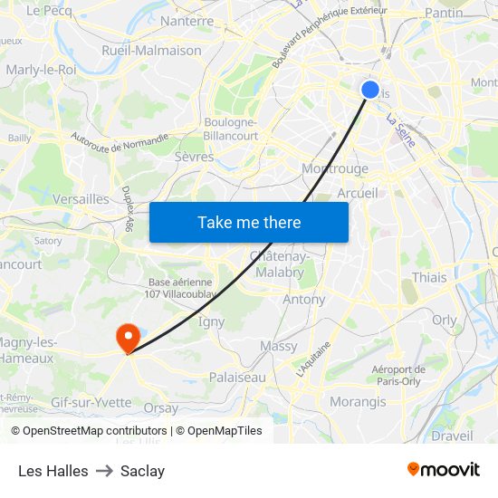 Les Halles to Saclay map