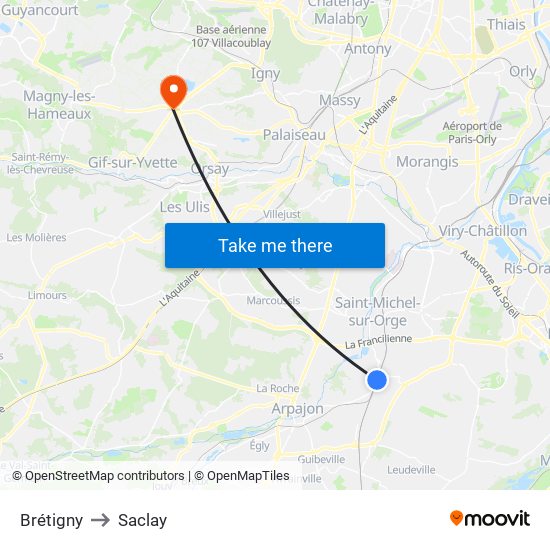 Brétigny to Saclay map