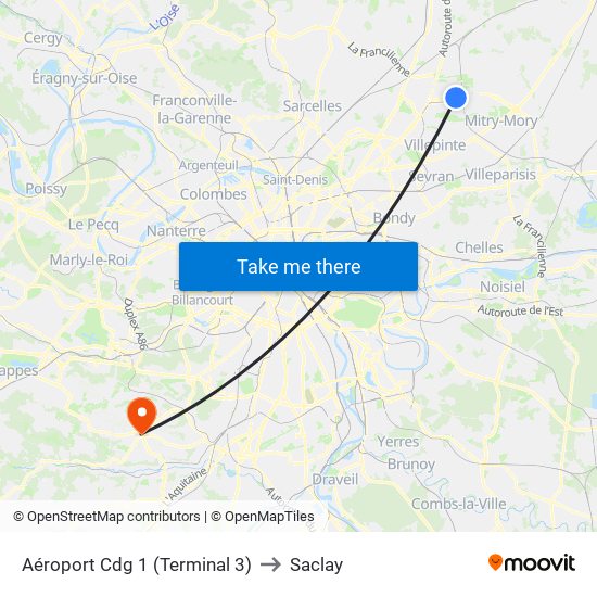 Aéroport Cdg 1 (Terminal 3) to Saclay map