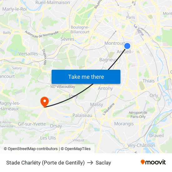 Stade Charléty (Porte de Gentilly) to Saclay map