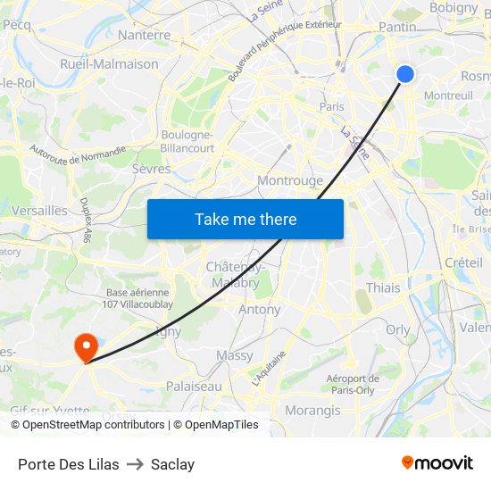 Porte Des Lilas to Saclay map