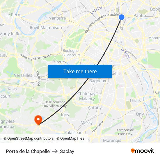 Porte de la Chapelle to Saclay map