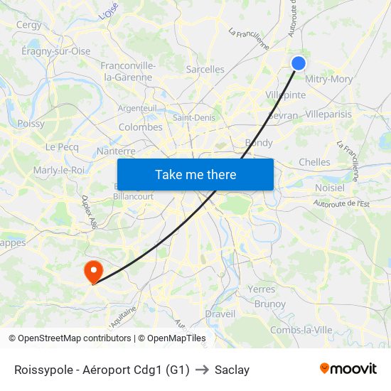 Roissypole - Aéroport Cdg1 (G1) to Saclay map