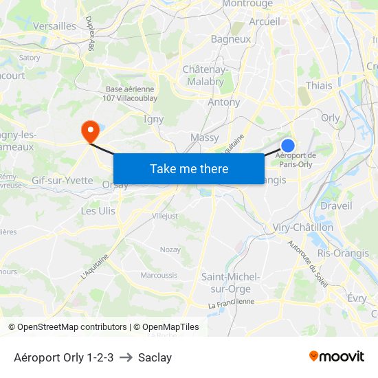 Aéroport Orly 1-2-3 to Saclay map