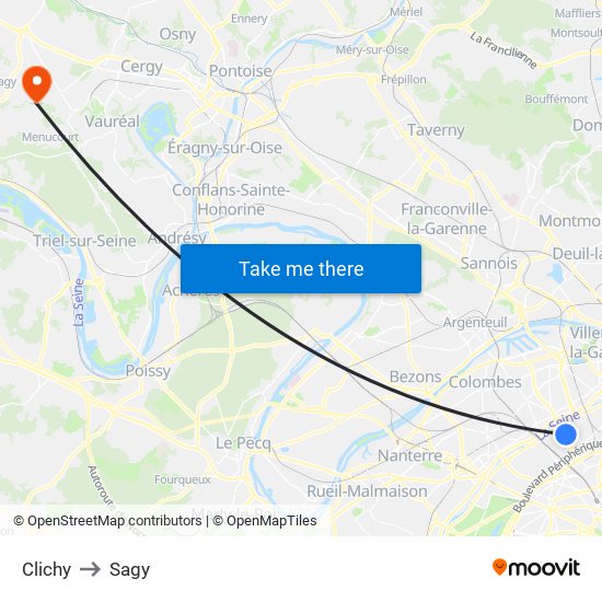 Clichy to Sagy map