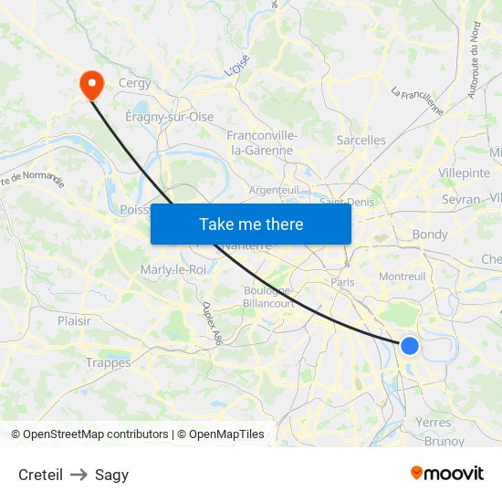Creteil to Sagy map