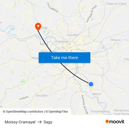 Moissy-Cramayel to Sagy map