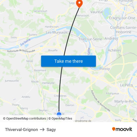 Thiverval-Grignon to Sagy map