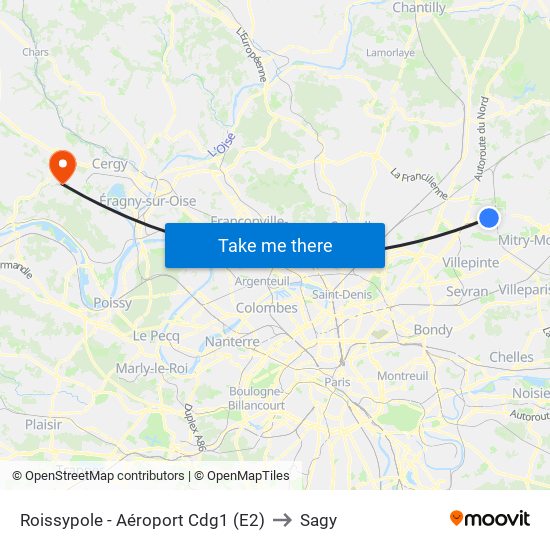Roissypole - Aéroport Cdg1 (E2) to Sagy map