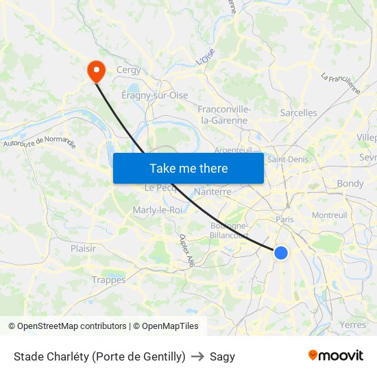 Stade Charléty (Porte de Gentilly) to Sagy map