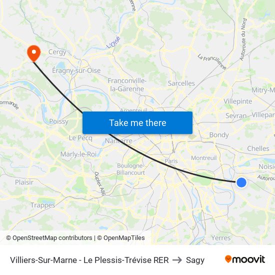 Villiers-Sur-Marne - Le Plessis-Trévise RER to Sagy map