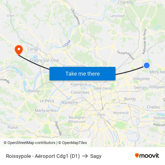 Roissypole - Aéroport Cdg1 (D1) to Sagy map