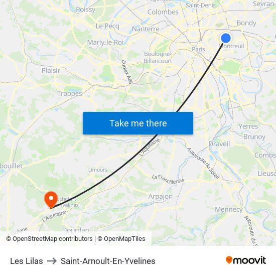 Les Lilas to Saint-Arnoult-En-Yvelines map