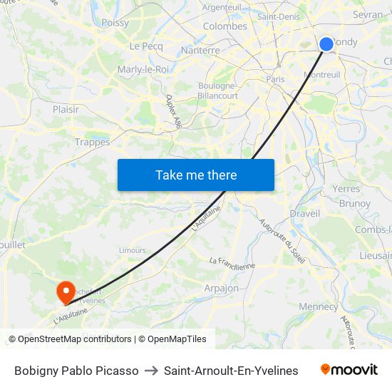 Bobigny Pablo Picasso to Saint-Arnoult-En-Yvelines map