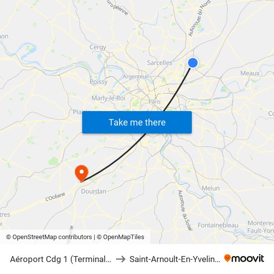 Aéroport Cdg 1 (Terminal 3) to Saint-Arnoult-En-Yvelines map