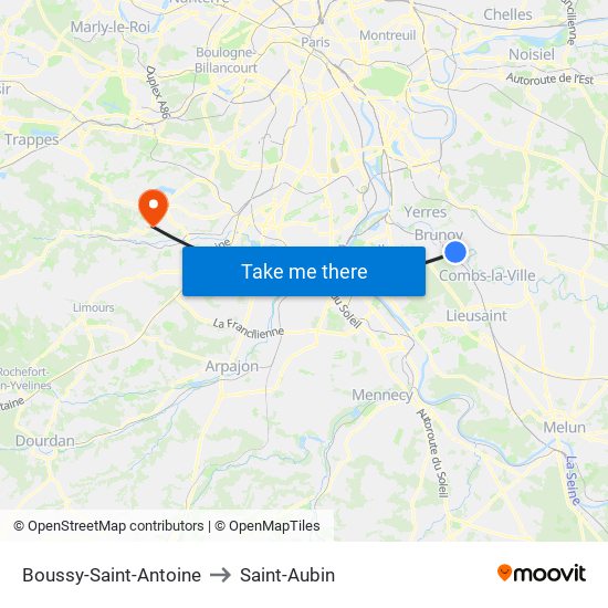 Boussy-Saint-Antoine to Saint-Aubin map