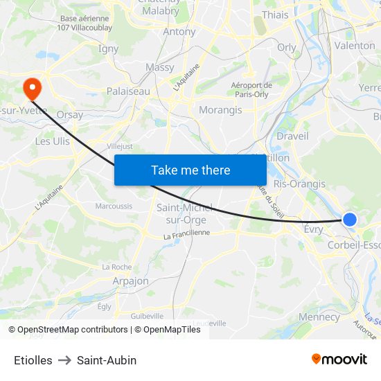 Etiolles to Saint-Aubin map