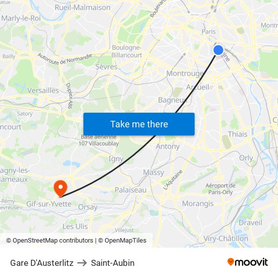 Gare D'Austerlitz to Saint-Aubin map