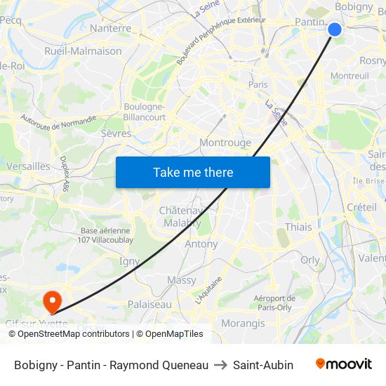 Bobigny - Pantin - Raymond Queneau to Saint-Aubin map