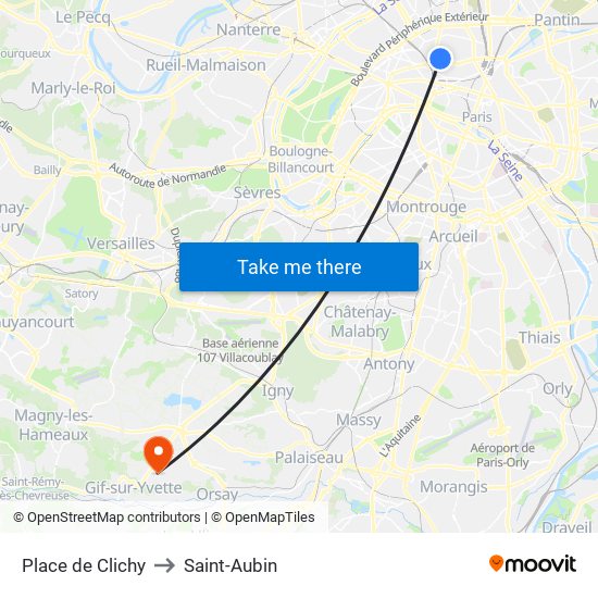 Place de Clichy to Saint-Aubin map