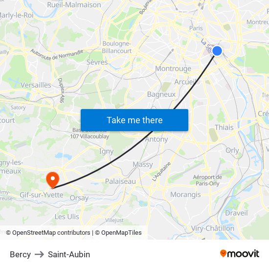 Bercy to Saint-Aubin map