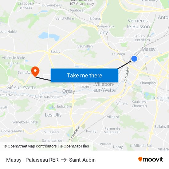 Massy - Palaiseau RER to Saint-Aubin map