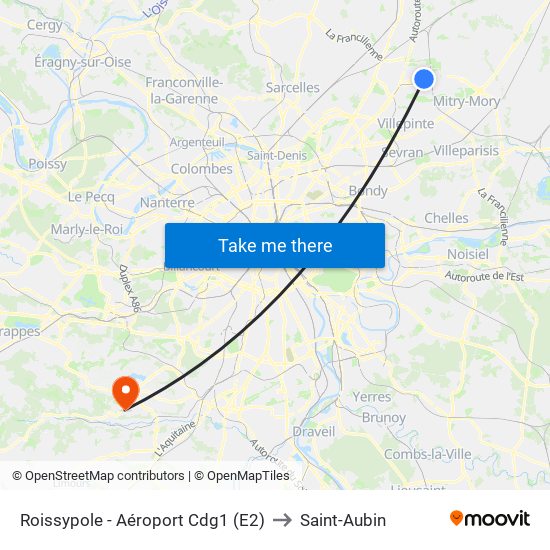 Roissypole - Aéroport Cdg1 (E2) to Saint-Aubin map