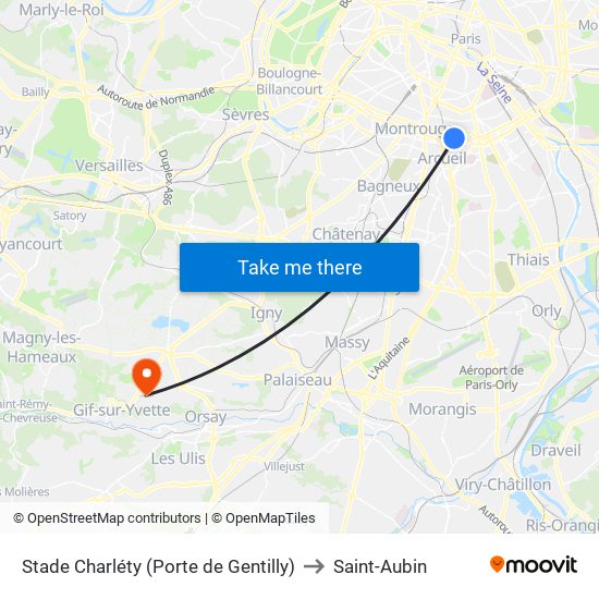 Stade Charléty (Porte de Gentilly) to Saint-Aubin map