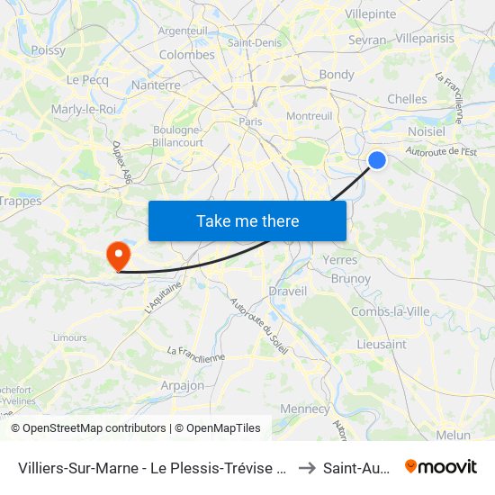 Villiers-Sur-Marne - Le Plessis-Trévise RER to Saint-Aubin map