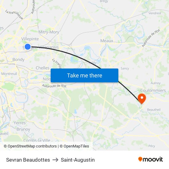 Sevran Beaudottes to Saint-Augustin map