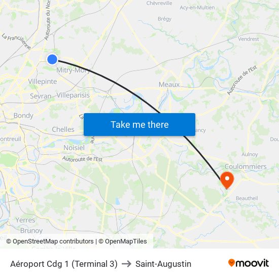 Aéroport Cdg 1 (Terminal 3) to Saint-Augustin map