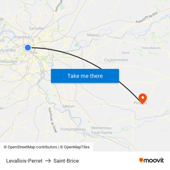 Levallois-Perret to Saint-Brice map