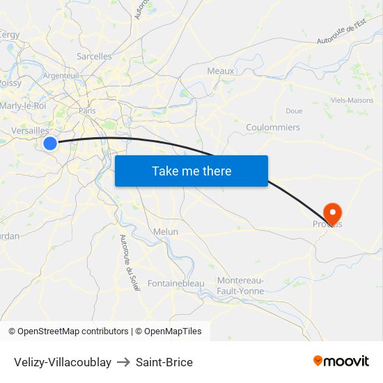 Velizy-Villacoublay to Saint-Brice map